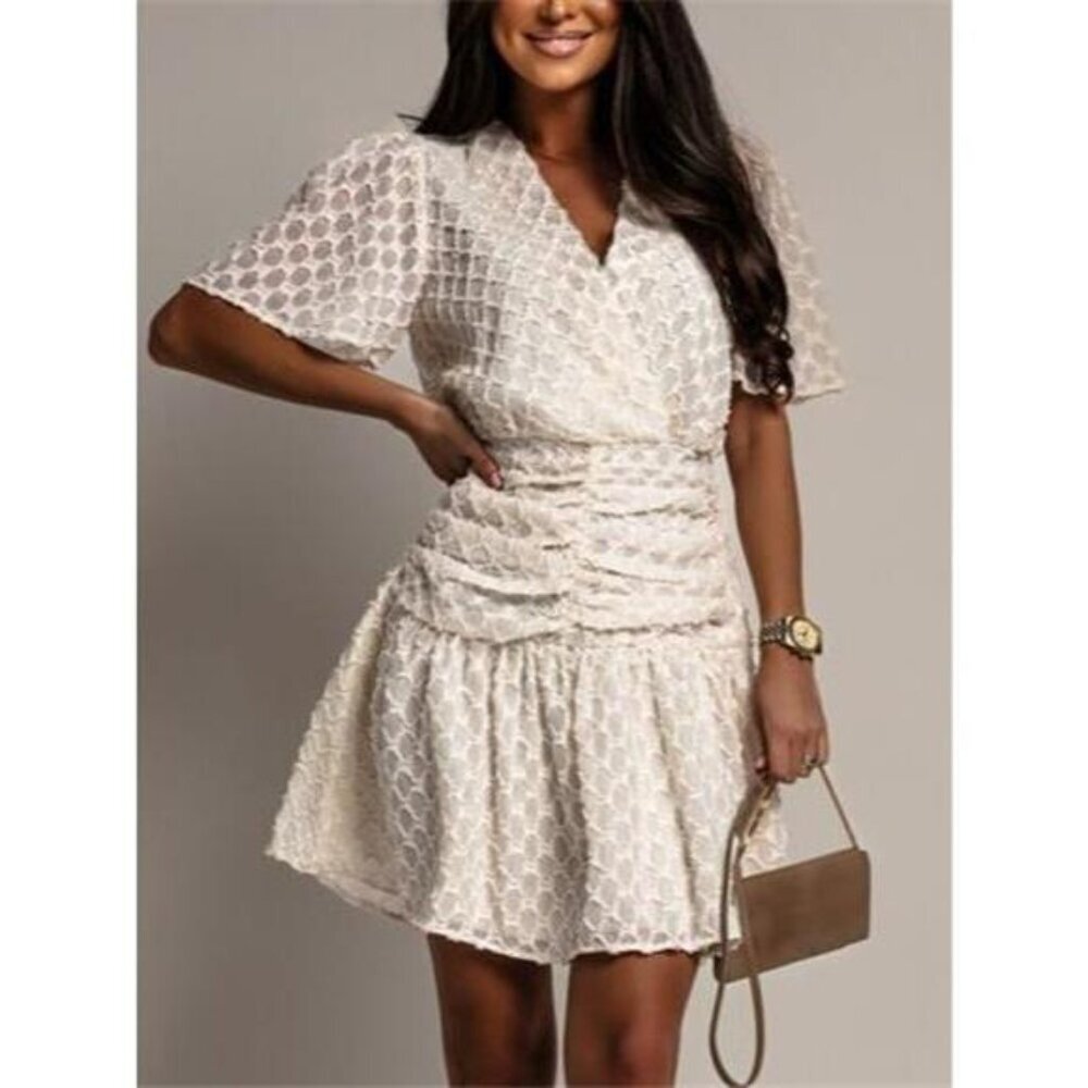 Textured Ruched Surplice Short Sleeve Dress